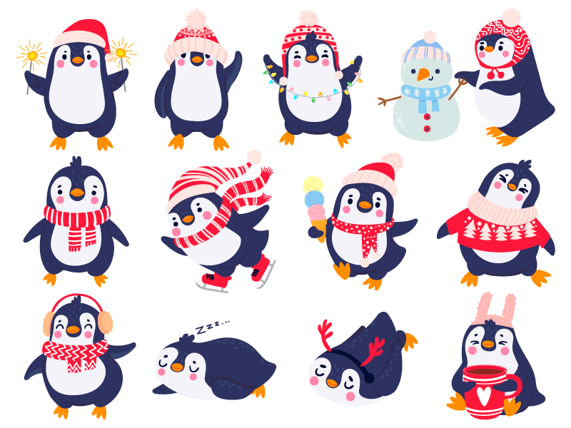 开心庆祝圣诞节的企鹅矢量素材(EPS/免扣PNG)