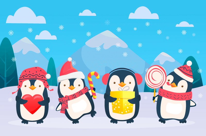 雪地里庆祝圣诞节的企鹅矢量素材(EPS)