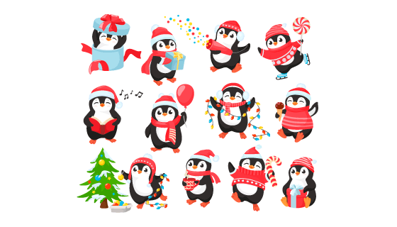 开心庆祝圣诞节的企鹅矢量素材(EPS/PNG)