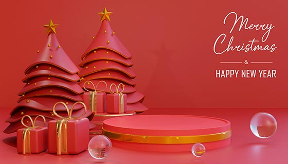 逼真立体的圣诞树和圣诞礼物设计的圣诞节新年背景(JPG)