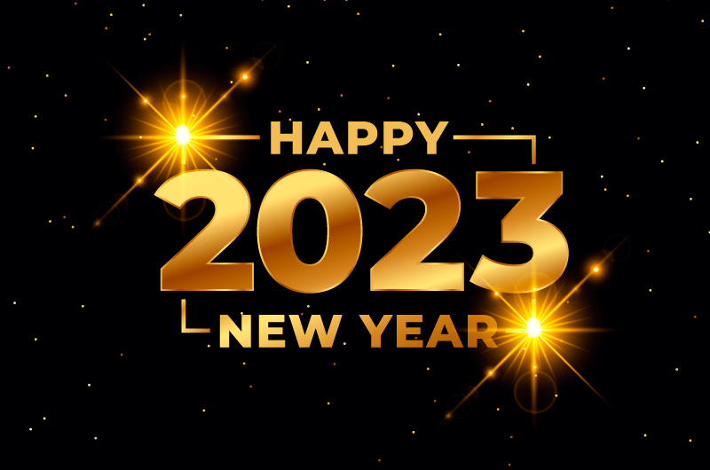 金色数字和闪亮星星设计2023新年快乐背景矢量素材(EPS)