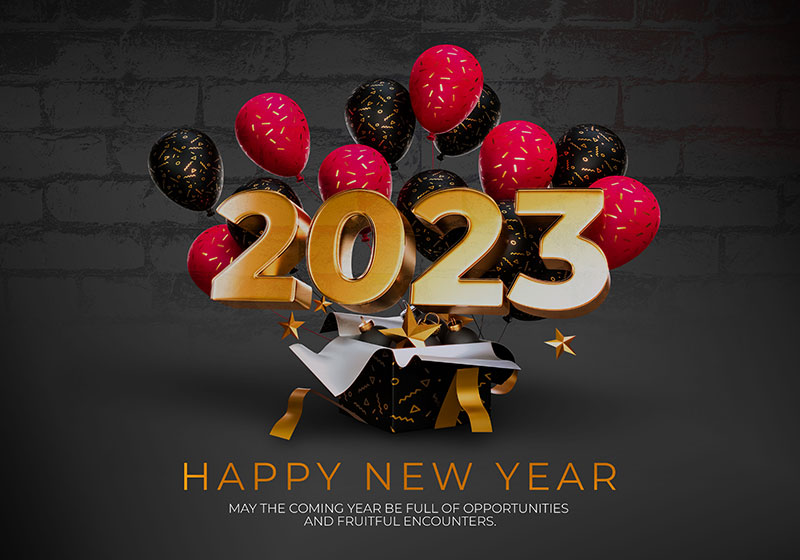 金色数字和多彩气球设计2023新年快乐背景素材(PSD)