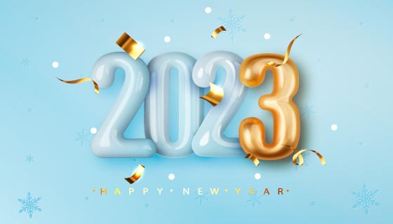 淡蓝色和金色数字气球2023新年快乐背景矢量素材(EPS)