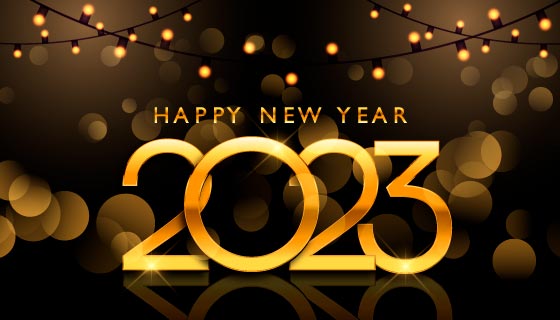 金色数字和小灯泡设计2023新年快乐背景矢量素材(EPS)