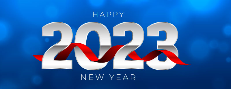 银色数字和红色丝带设计2023新年快乐banner矢量素材(EPS)