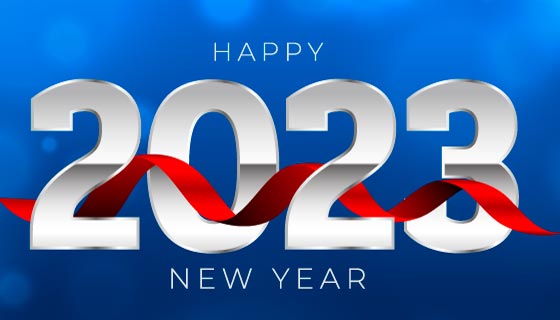 银色数字和红色丝带设计2023新年快乐banner矢量素材(EPS)