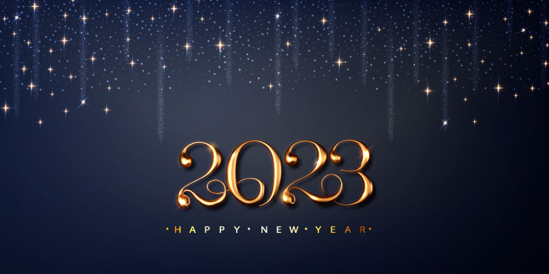 金色立体数字和闪烁星星设计2023新年快乐banner矢量素材(EPS)