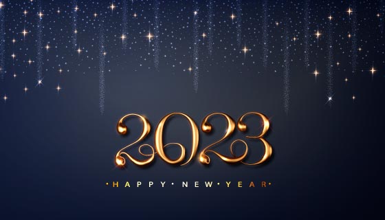 金色立体数字和闪烁星星设计2023新年快乐banner矢量素材(EPS)