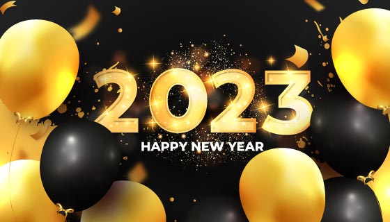 金色气球和数字设计2023新年快乐背景矢量素材(EPS)
