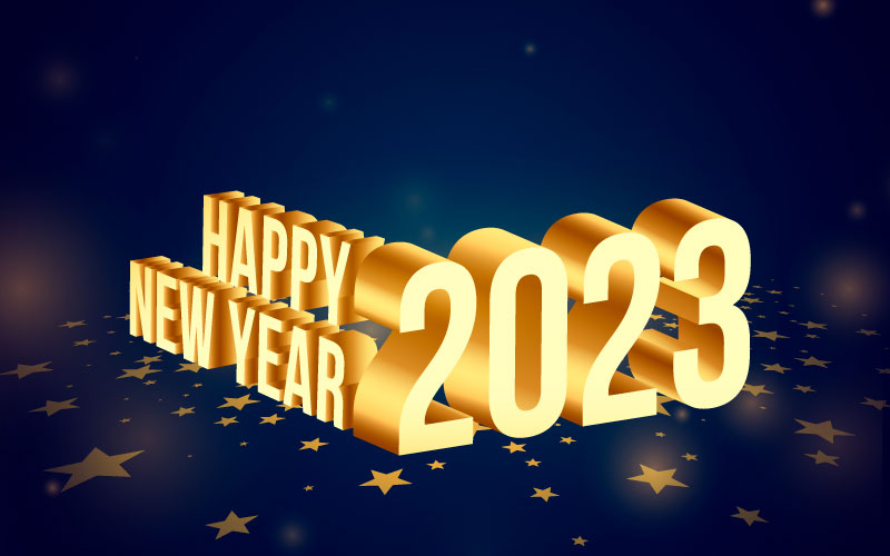 3D立体金色字母和数字设计2023新年快乐背景矢量素材(EPS)