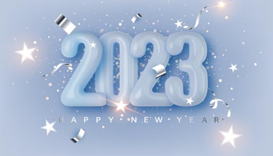 晶莹剔透的3D立体数字设计2023新年快乐背景矢量素材(EPS)