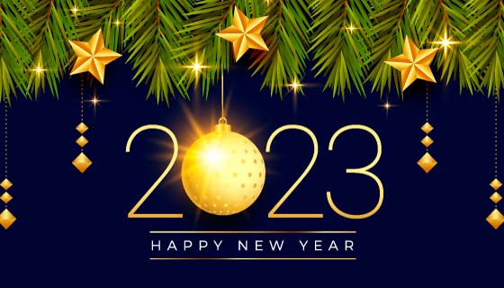 圣诞松枝和星星等装饰设计2023新年快乐banner矢量素材(EPS)
