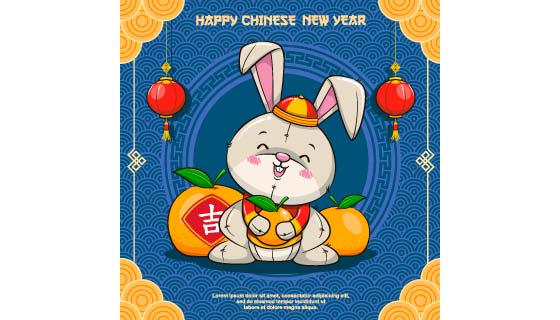 抱着橘子的兔子设计兔年春节快乐背景矢量素材(EPS)