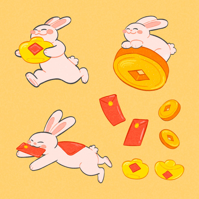 开心的兔子和元宝金币红包元素矢量素材(EPS)