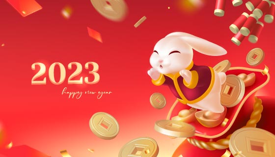 站在福袋上呼喊的兔子设计2023春节快乐背景矢量素材(EPS)